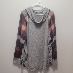 Gray Plaid Sleeve Cowl Neck Sweater